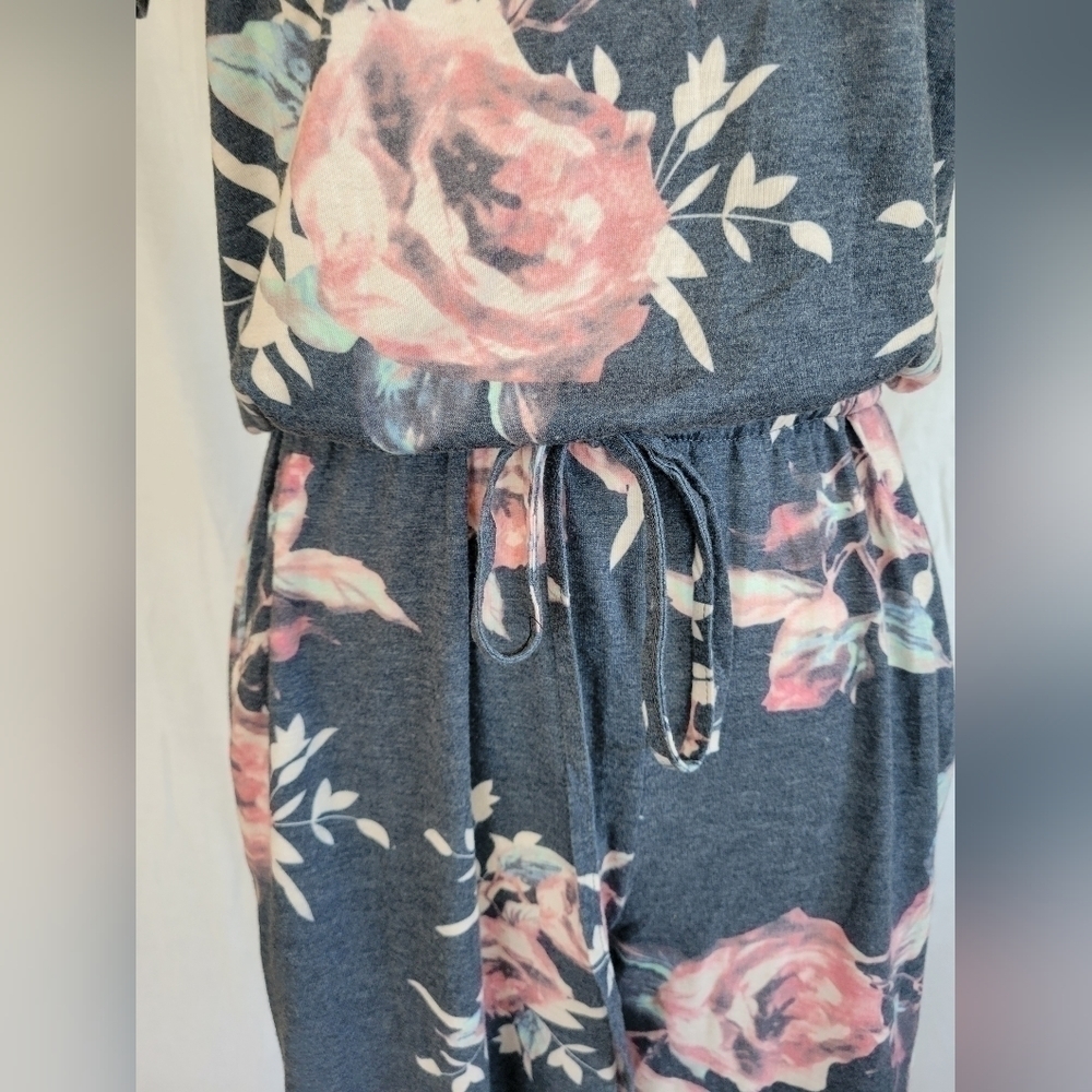 Tickled Teal blue grey floral drawstring jumpsuit w/pockets S - Picture 3 of 12